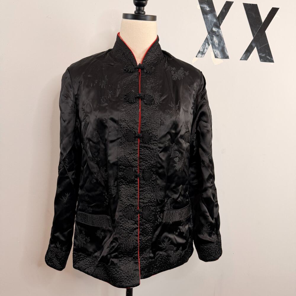 Vintage Reversible Red Black Brocade Frog Clasp Mandarin Collar Tang Jacket L